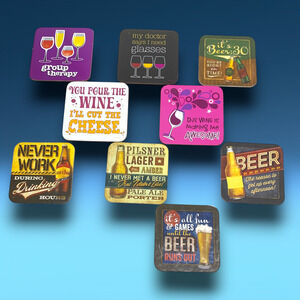 Lot of 9 Funny Wine & Beer Drinking Coasters Cork Backed Alcohol Humorous Jokes